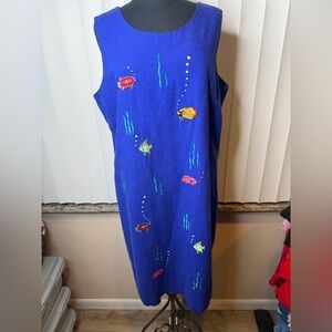 Carolina Colours Blue Sleeveless Linen Blend Fish Embroidered Midi Dress SZ 18W